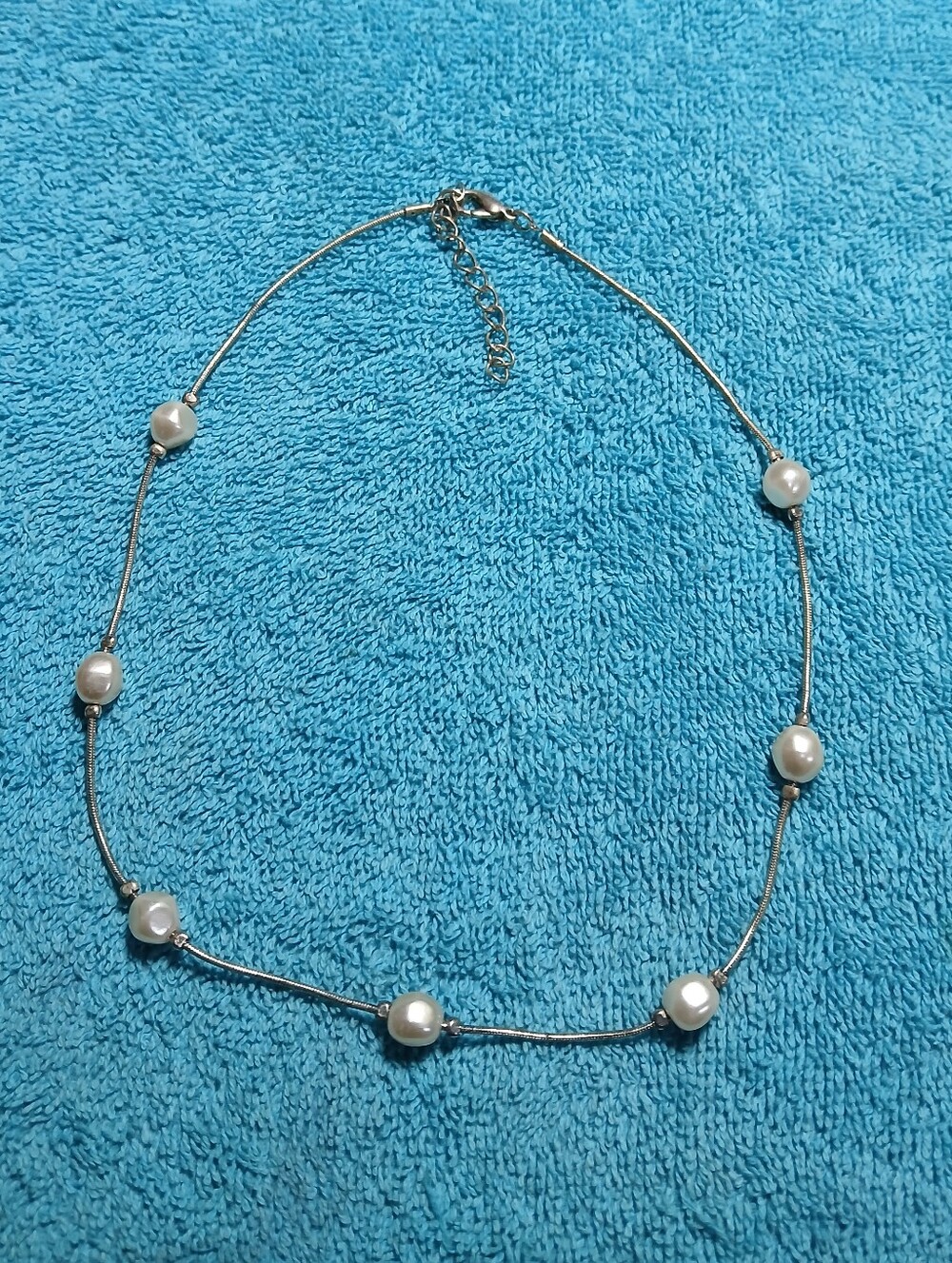 Delicate Pearl Station Silver Necklace - White Pearls